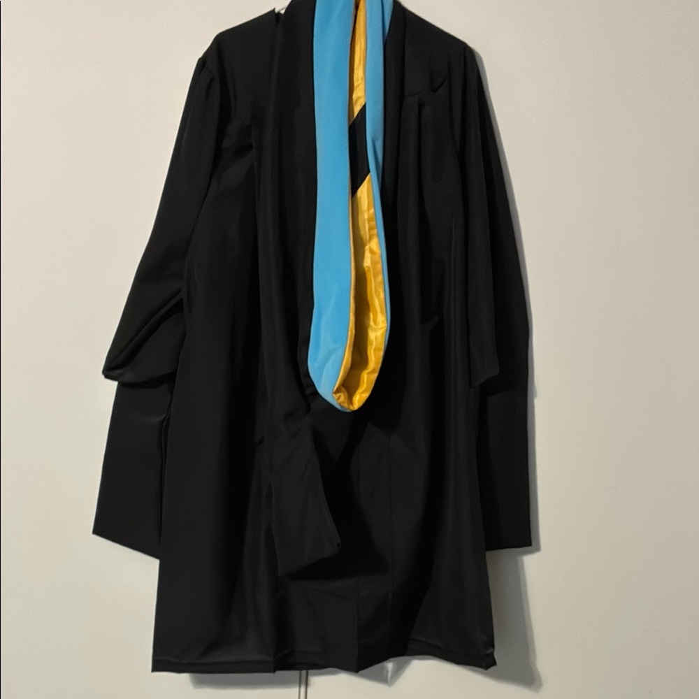 Black Graduation Gown with Blue and Gold Hood
